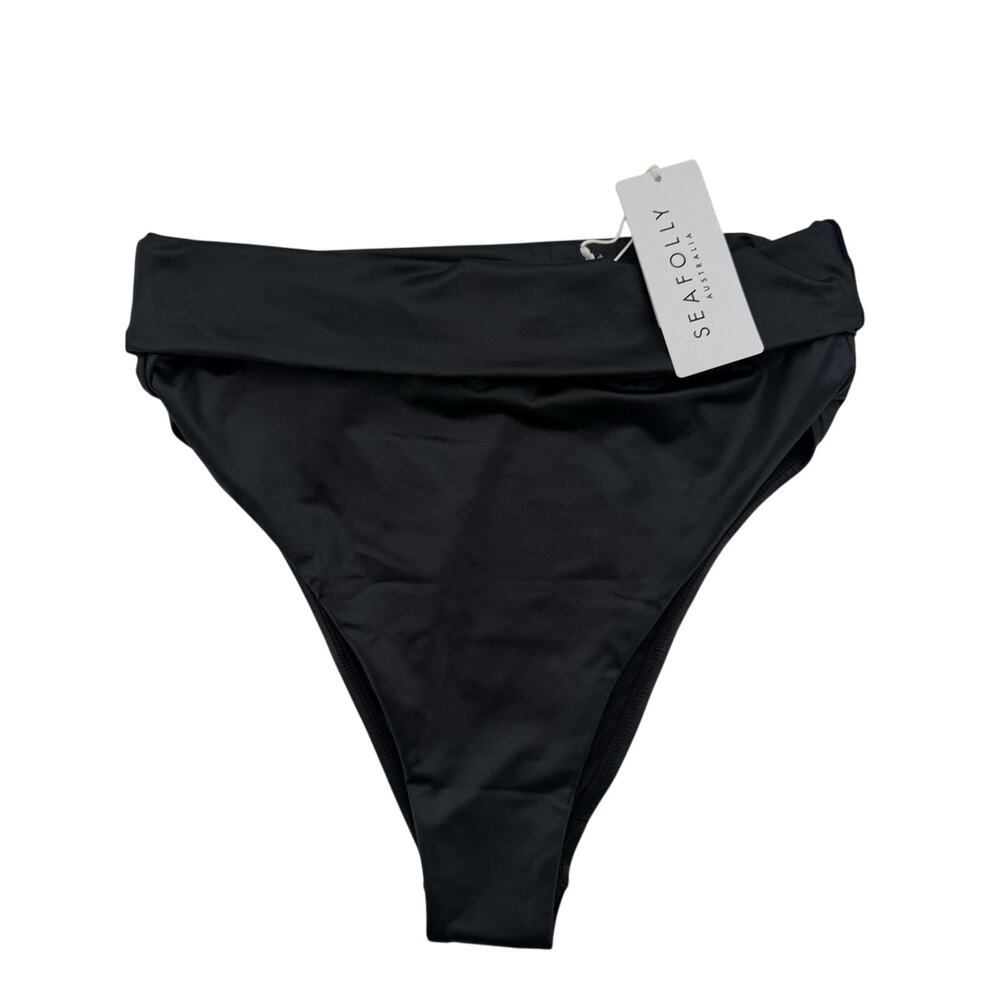 NWT Seafolly Roll Top High Waisted Bikini Bottom Black Wet Look Faux Leather 8 - Picture 2 of 16